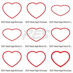 May include: Nine different red heart-shaped embroidery designs in various sizes, ranging from 4 inches to 10 inches. The designs are labeled with their size and file type, "pes".