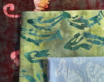 Batik Bundle 3 Fabrics, Nautical Theme, Sea Horses on Deep Red, Dolphins on Teal Blue Green, Fish on Light Blue Aprox 1.3 Yards Ship Incl
