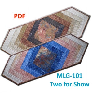 Könnte beinhalten: Zwei Tischläufer mit einem geometrischen Muster in Braun-, Rosa-, Blau- und Weißtönen. Das Muster besteht aus einer Reihe konzentrischer Quadrate. Der Text "MLG-101 Two for Show" ist unter den Läufern gedruckt. Der Text "PDF" ist über den Läufern gedruckt.