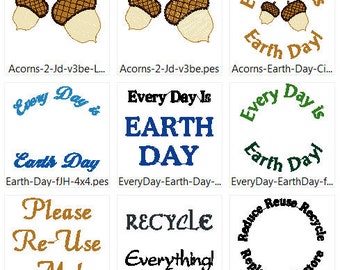 Reduce, ReUse, Recycle, Replenish, Restore and Earth Day Embroidery Design Set of 7, Acorns and more in 4x4 - PES Files, Climate Change