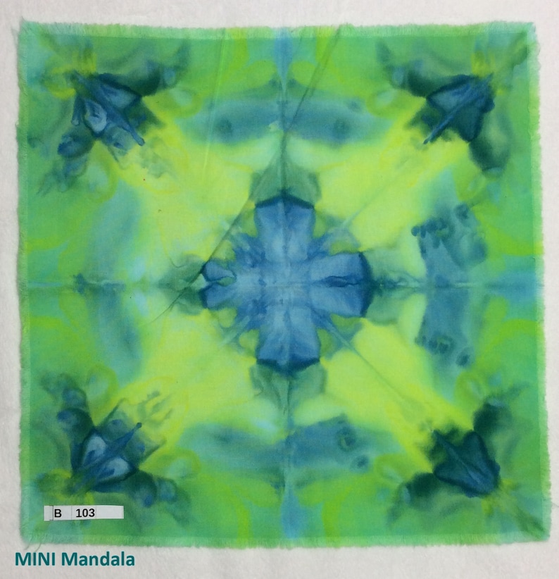 Blue Tie Dyed Hippie Mirror Symmetry Ice Dyed MINI-Mandala Fabric Square Aprox 11 x 11 Inches OOAK Symmetry Green Set of 4
