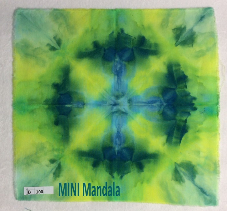 Blue Tie Dyed Hippie Mirror Symmetry Ice Dyed MINI-Mandala Fabric Square Aprox 11 x 11 Inches OOAK Symmetry Green Set of 4