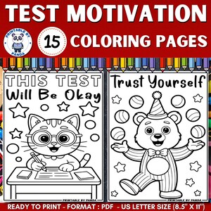 Op de afbeelding: Een afdrukbaar kleurboek met de tekst "TEST MOTIVATION" en "15 COLORING PAGES". De pagina's bevatten een schrijvende kat en een jonglerende beer, met de zinnen "THIS TEST Will Be Okay" en "Trust Yourself".