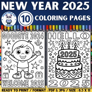Páginas para colorear y actividades de Año Nuevo 2025 para jardín de infantes y primer grado, libro para colorear con citas de Año Nuevo 2025, tarjeta de felicitación de Año Nuevo