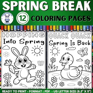 Puede incluir: Un libro para colorear imprimible con el texto "SPRING BREAK" y "12 COLORING PAGES". Se muestran dos páginas para colorear, una con un conejito y el texto "HOPPING Into Spring", y la otra con un pato y el texto "QUACK QUACK Spring Is Back".