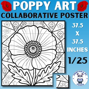 Può includere: Un poster collaborativo in bianco e nero con la scritta "POPPY ART COLLABORATIVE POSTER". Il poster presenta un grande disegno di fiore di papavero, con dimensioni di 95,25 x 95,25 cm. L'immagine include un piccolo logo panda.