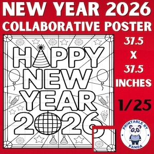 Peut inclure: Affiche collaborative en noir et blanc pour le Nouvel An 2026, avec le texte "HAPPY NEW YEAR 2026" et des illustrations festives. L'affiche mesure 95,25 x 95,25 cm et est conçue pour être coloriée. Comprend un logo "Printable by Panda".