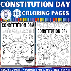Pode incluir: Páginas para colorir em preto e branco com ilustrações de crianças celebrando o Dia da Constituição. As páginas incluem o texto "Constitution Day! Let's Celebrate!" e "Happy Constitution Day!"