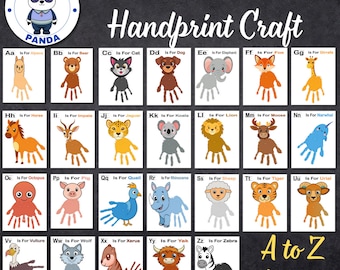 Pode incluir: Um gráfico de alfabeto imprimível com artesanato de impressões de mãos para cada letra do alfabeto. Cada letra é emparelhada com um animal, como A para Alpaca, B para Urso, C para Gato, etc. O gráfico é projetado para ser usado com crianças para ajudá-las a aprender o alfabeto e os nomes dos animais.