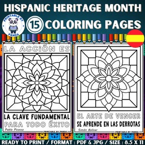 Hispanic Heritage Month Coloring Pages Sheets Spanish For Kids And Adult | Inspirational Spanish Quotes By Latino Leaders & Mindful Mandala