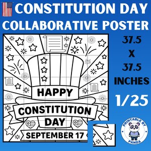 May include: A black and white collaborative poster for Constitution Day, featuring a patriotic design with stars, fireworks, and a hat. The poster measures 37.5 x 37.5 inches and is dated September 17.
