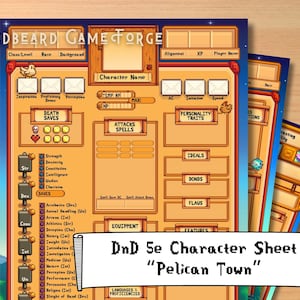 May include: A printable Dungeons and Dragons character sheet with a Pelican Town theme. The sheet is designed in a pixelated style with a red, orange, and yellow color scheme. The sheet includes sections for character name, class, race, background, alignment, experience points, hit points, death saves, attacks, spells, personality traits, ideals, bonds, flaws, features, languages, and proficiencies.