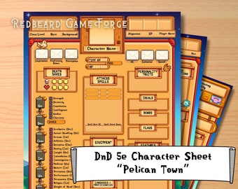DnD 5e Character Sheet "Pelican Town" | Stardew Valley Theme | Fillable + Printable PDFs Color + BW | Dnd Character Tracker Cute DnD planner