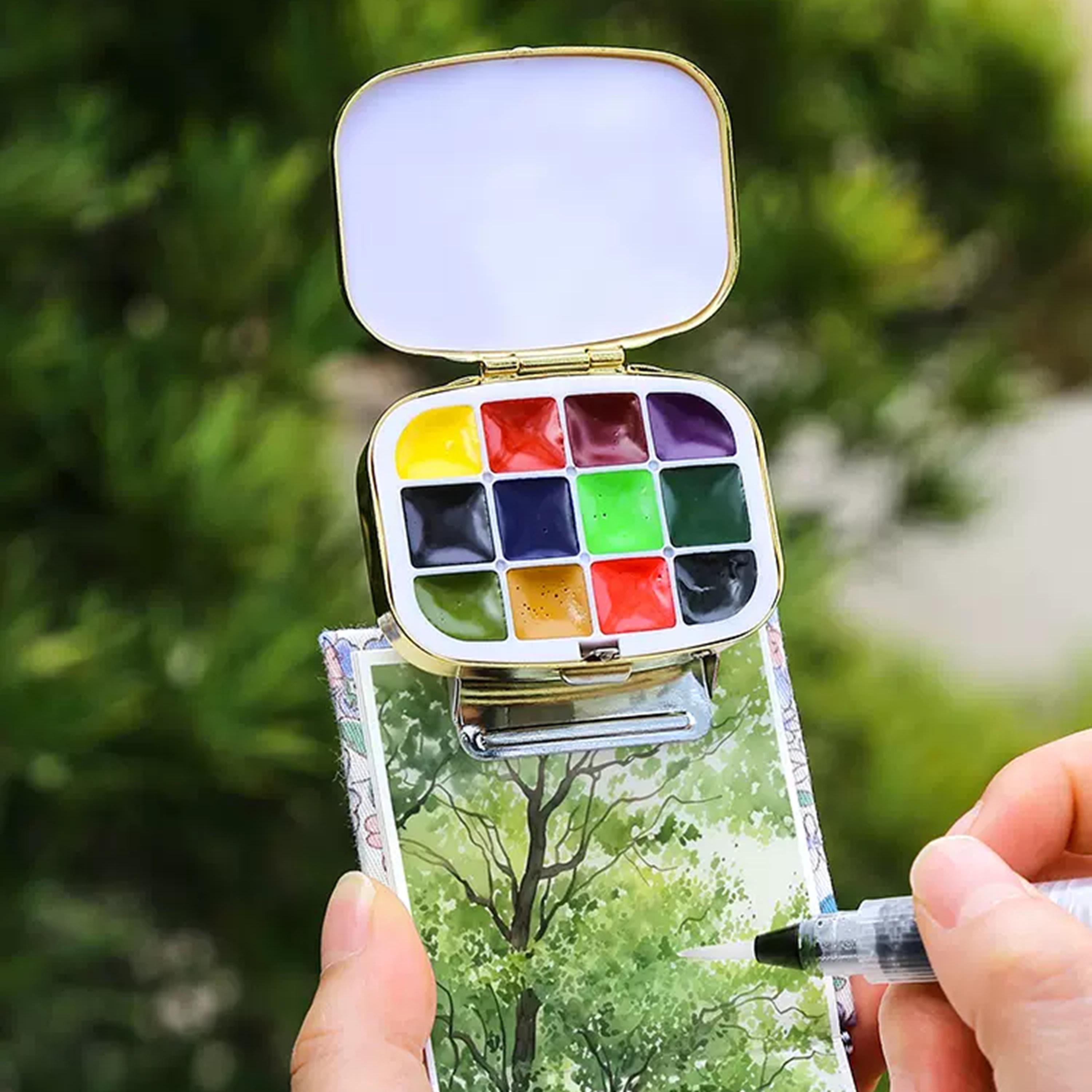 SHIDOW Mini Reise-Aquarellbox | 12 Farbmulden | Klappbar & Tragbar | Für Unterwegs & Studio