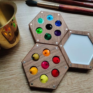 Mini paleta de acuarela hecha a mano con diseño de panal, juego de herramientas de arte DIY, paleta portátil, madera de cerezo/nogal negro, 7 cuadrículas/14 cuadrículas sin pintura