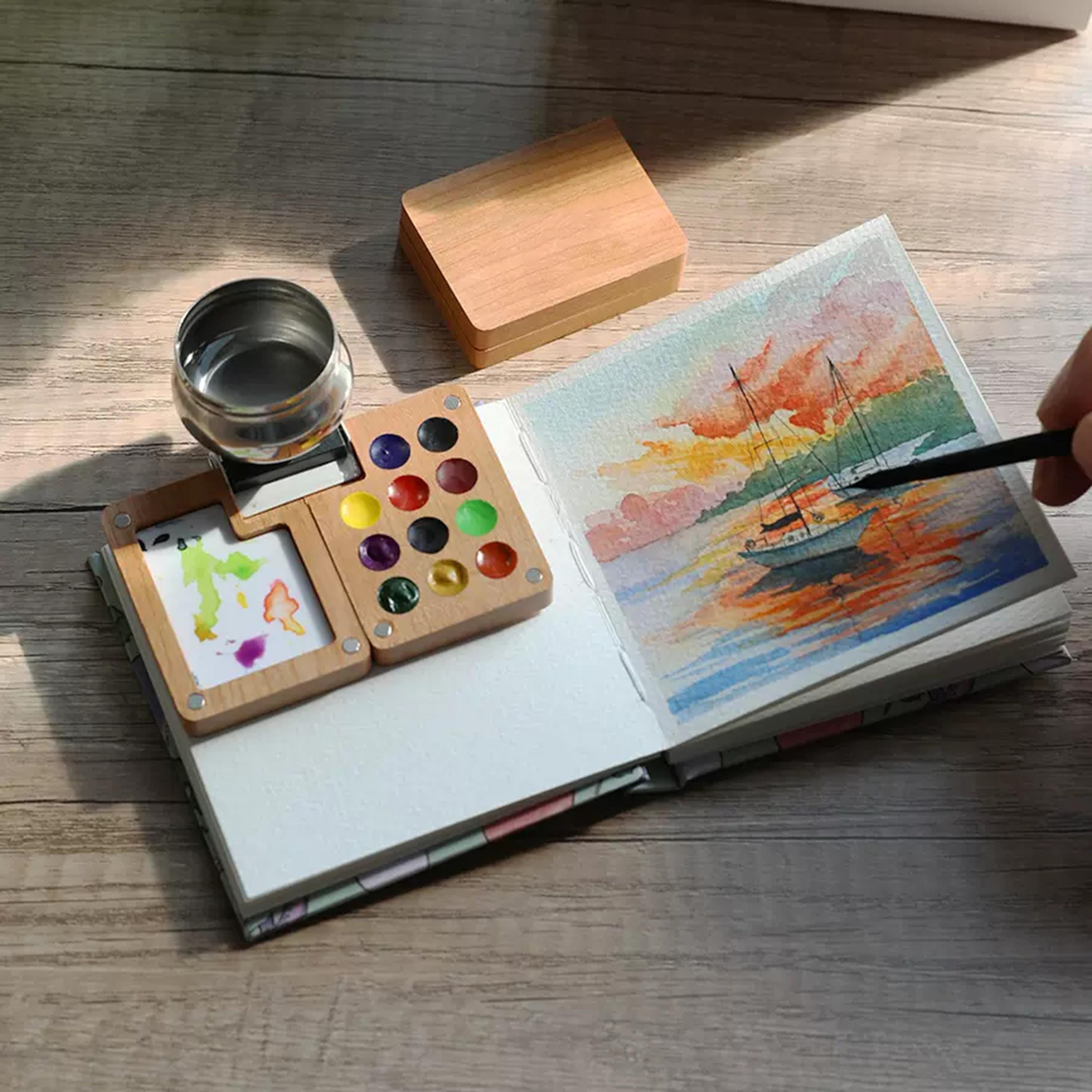 Watercolor Paint Box, 11 Colors Portable Travel Tiny Walnut Palette ...