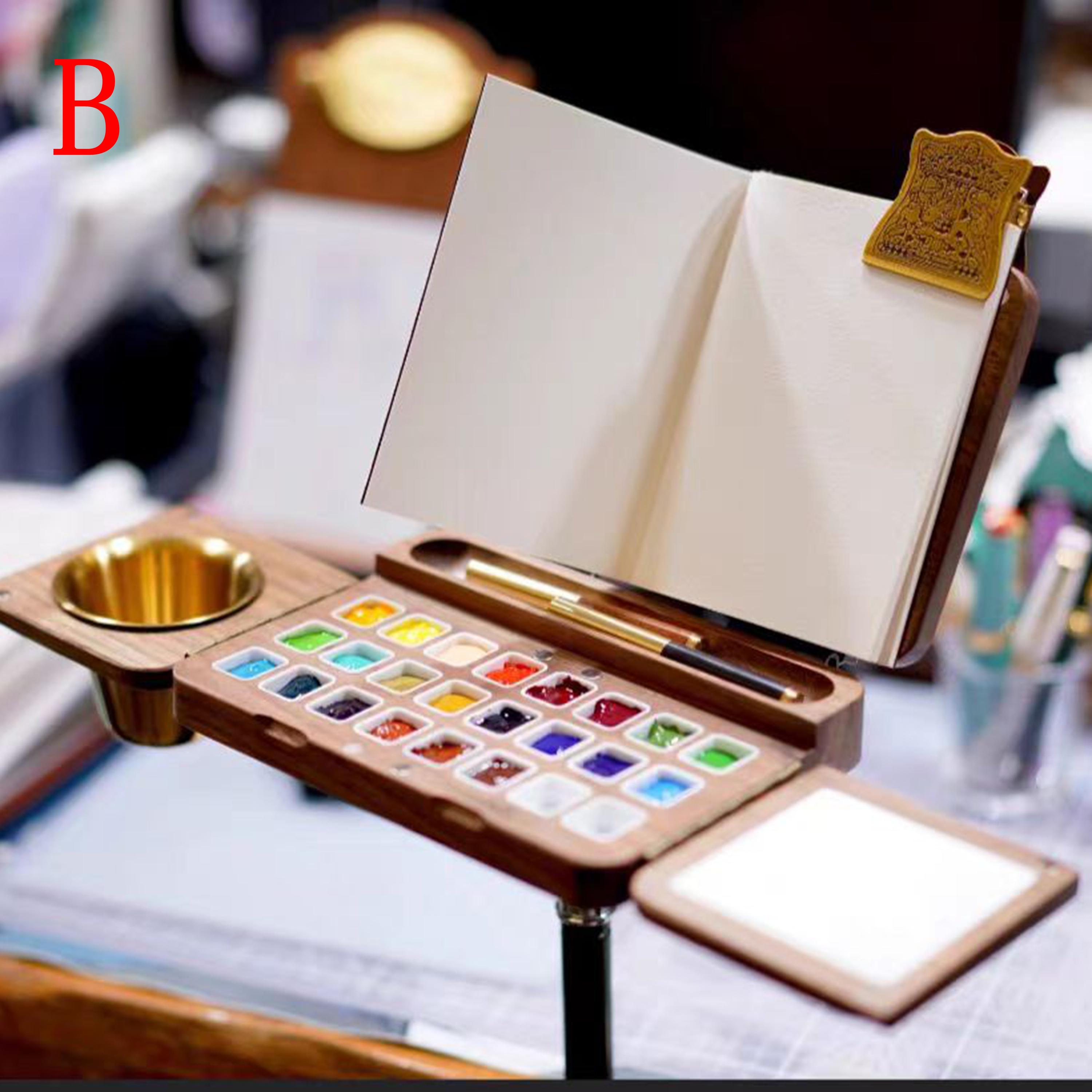 15-Farben Holzgitter-Aquarellbox – Tragbare Palette Mit Clip, 14,7x7,4 Cm, Aus Walnussholz