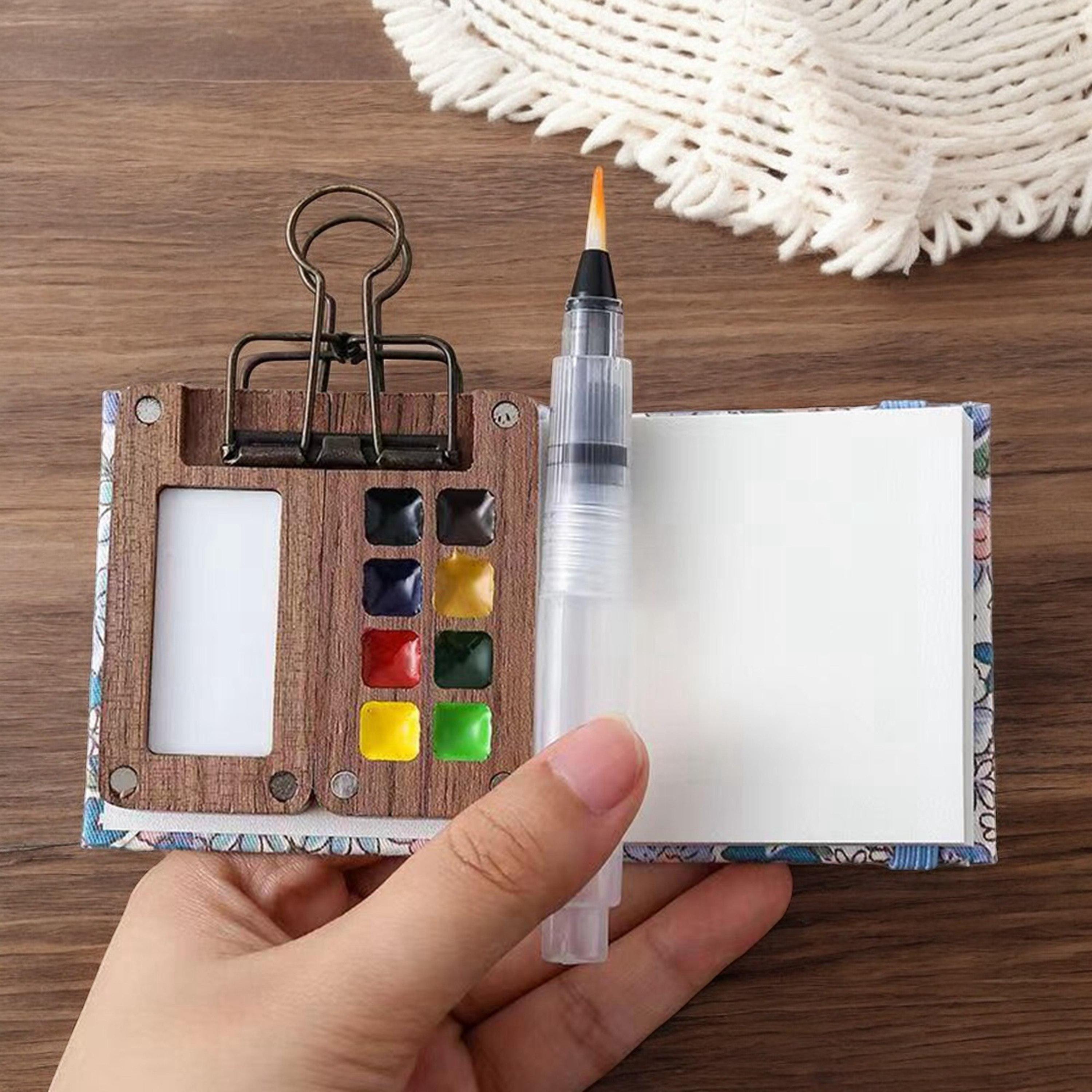 Mini Kit Aquarelle De Poche Voyage - 24 Couleurs, Pinceau, Carnet - Bois Noyer Pour Artistes