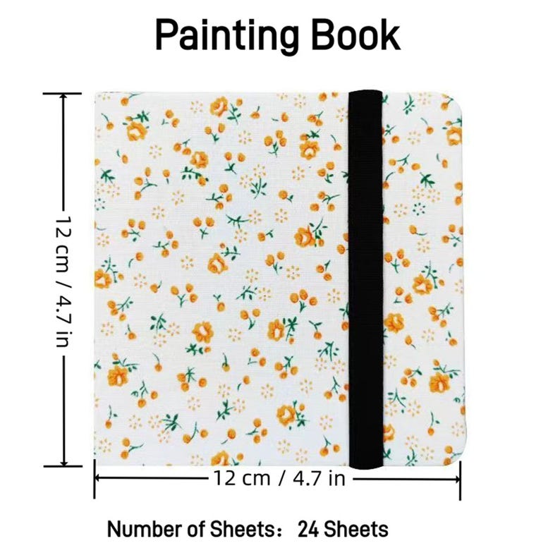 May include: A white painting book with a floral pattern and a black elastic closure. The book measures 4.7 inches by 4.7 inches and contains 24 sheets.