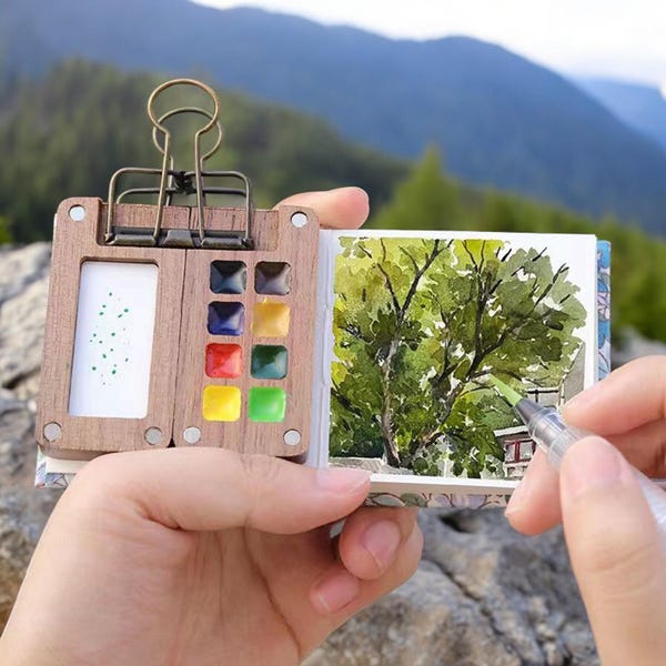 Mini caja de pintura de acuarela de nogal, paleta de pintura de acuarela portátil de 8 cuadrículas de 0,5 ml hecha a mano para viajes, juego de cuaderno de bocetos, herramienta de dibujo, idea de regalo