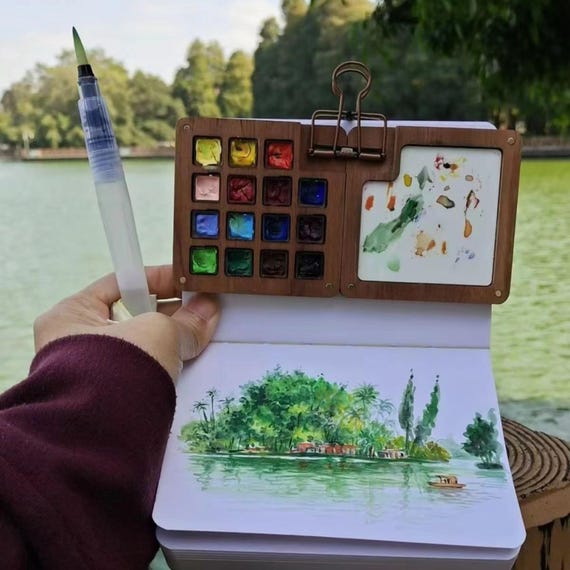15 colors travel set portable paint box, Watercolor Palette walnut box, Artist Paint Set, Personalized gift, Watercolor Supplies, Go Draw