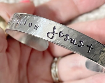 follow Jesus - the way the truth the life - hand stamped silver cuff bracelet