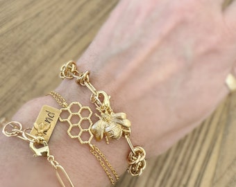 Bee Kind Gold Bracelets - Chunky Gold Bracelet - Honeycomb bracelet - Bee Charm Bracelet - faith based