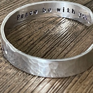 Shalom peace be with you hand stamped silver cuff bracelet faith scripture jewelry image 3