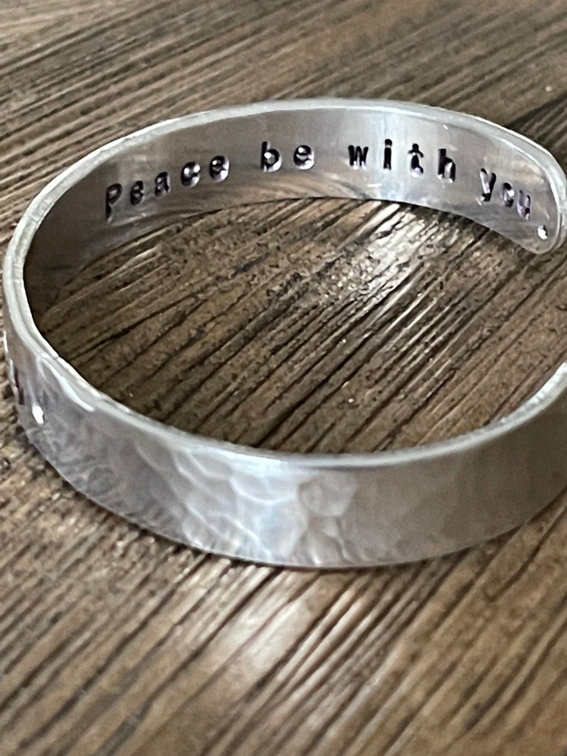 Shalom peace be with you hand stamped silver cuff bracelet faith scripture jewelry image 3