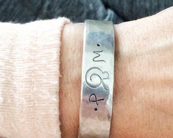 and the two became one. Engagement. Wedding Gift. Bride. Bridal. Hand Stamped Personalized Initial Bracelet