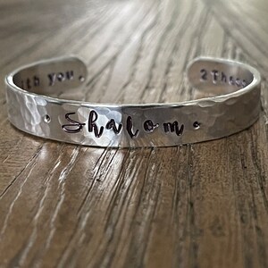 Shalom peace be with you hand stamped silver cuff bracelet faith scripture jewelry image 6