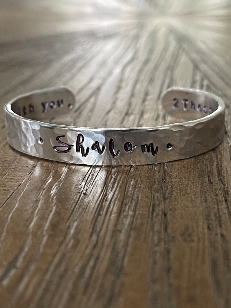 Shalom peace be with you hand stamped silver cuff bracelet faith scripture jewelry image 6