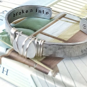 broken into Beautiful Genuine Lake Erie Beach Glass Silver Cuff with hammered finish image 4