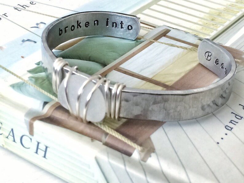 broken into Beautiful Genuine Lake Erie Beach Glass Silver Cuff with hammered finish image 4