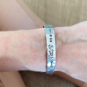 be Still hand stamped silver cuff bracelet faith based Christian jewelry image 2