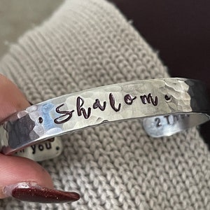 Shalom peace be with you hand stamped silver cuff bracelet faith scripture jewelry image 7