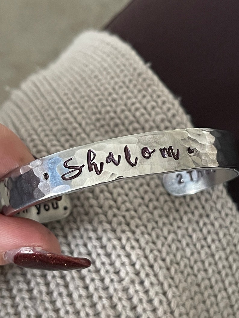 Shalom peace be with you hand stamped silver cuff bracelet faith scripture jewelry image 7