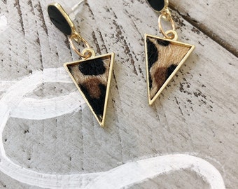 Animal Print Triangle Drop Earrings - Brown and Black - gold drop - Leopard Print