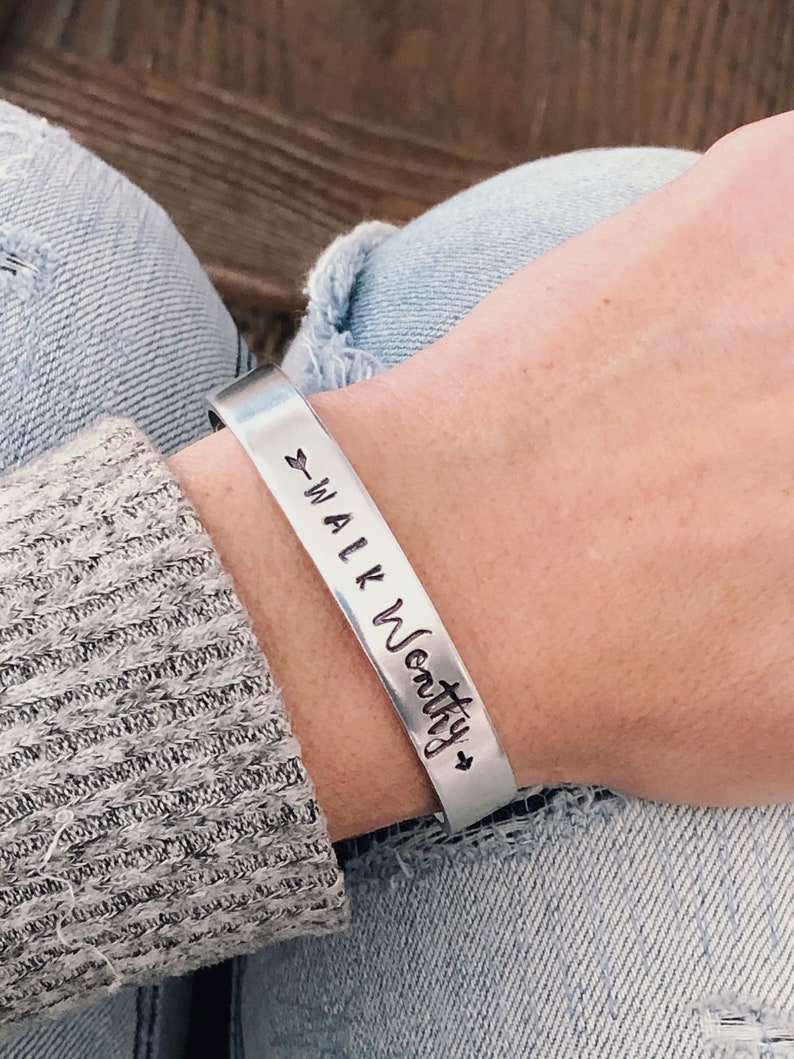 Walk Worthy hand stamped silver cuff bracelet Colossians scripture bracelet Christian jewelry image 1