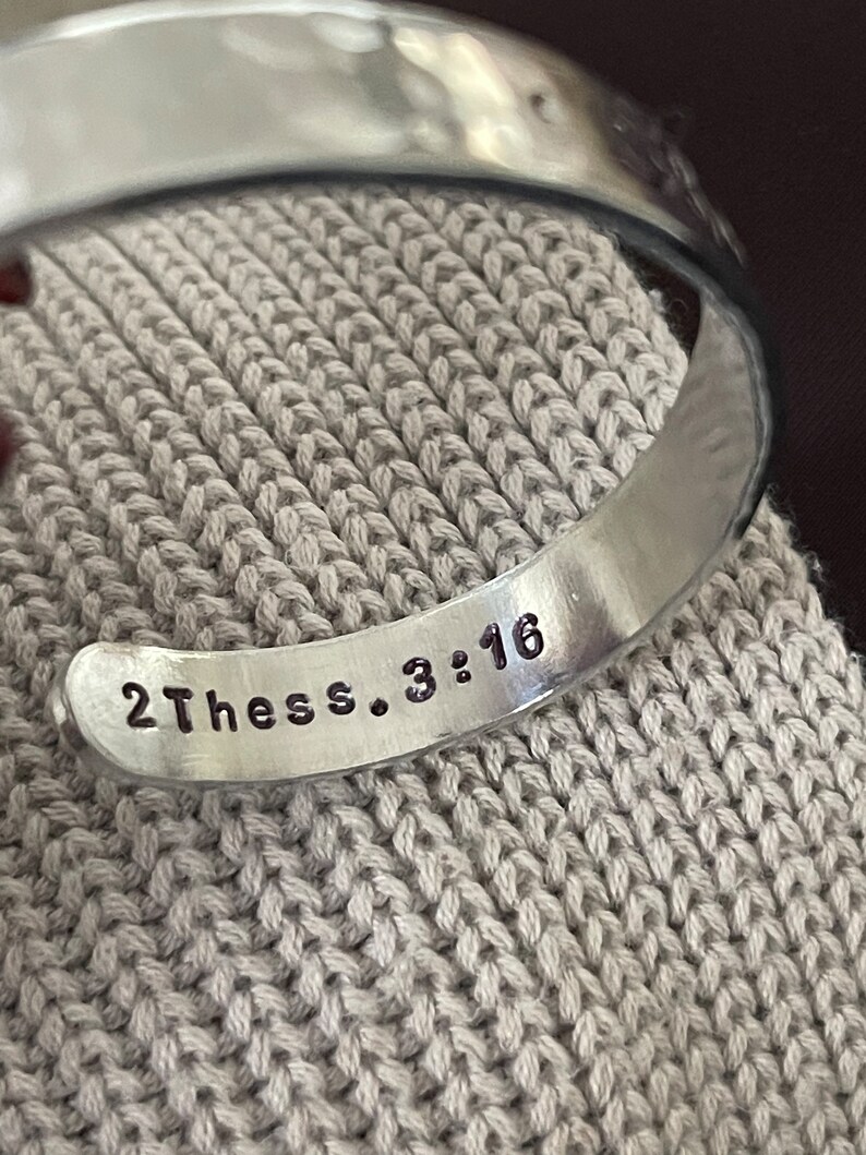 Shalom peace be with you hand stamped silver cuff bracelet faith scripture jewelry image 4