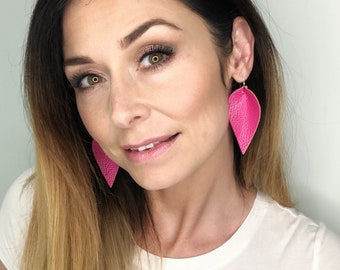 Hot Pink Leather Leaf Drop Earrings - genuine leather - fashion accessories - women
