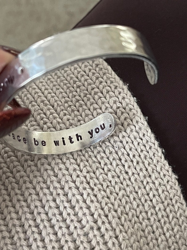 Shalom peace be with you hand stamped silver cuff bracelet faith scripture jewelry image 5