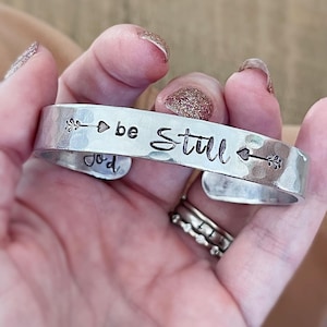 be Still hand stamped silver cuff bracelet faith based Christian jewelry image 1