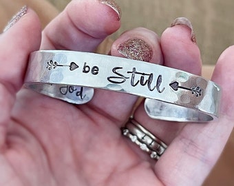 be Still - hand stamped silver cuff bracelet - faith based - Christian - jewelry