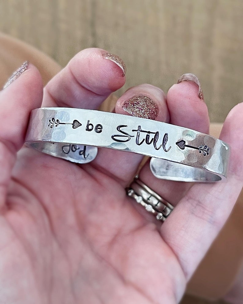 be Still hand stamped silver cuff bracelet faith based Christian jewelry image 1