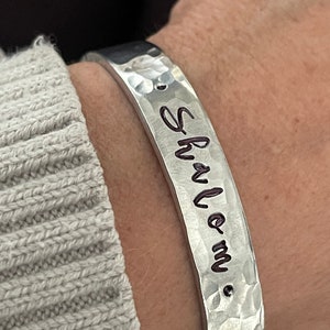 Shalom peace be with you hand stamped silver cuff bracelet faith scripture jewelry image 1