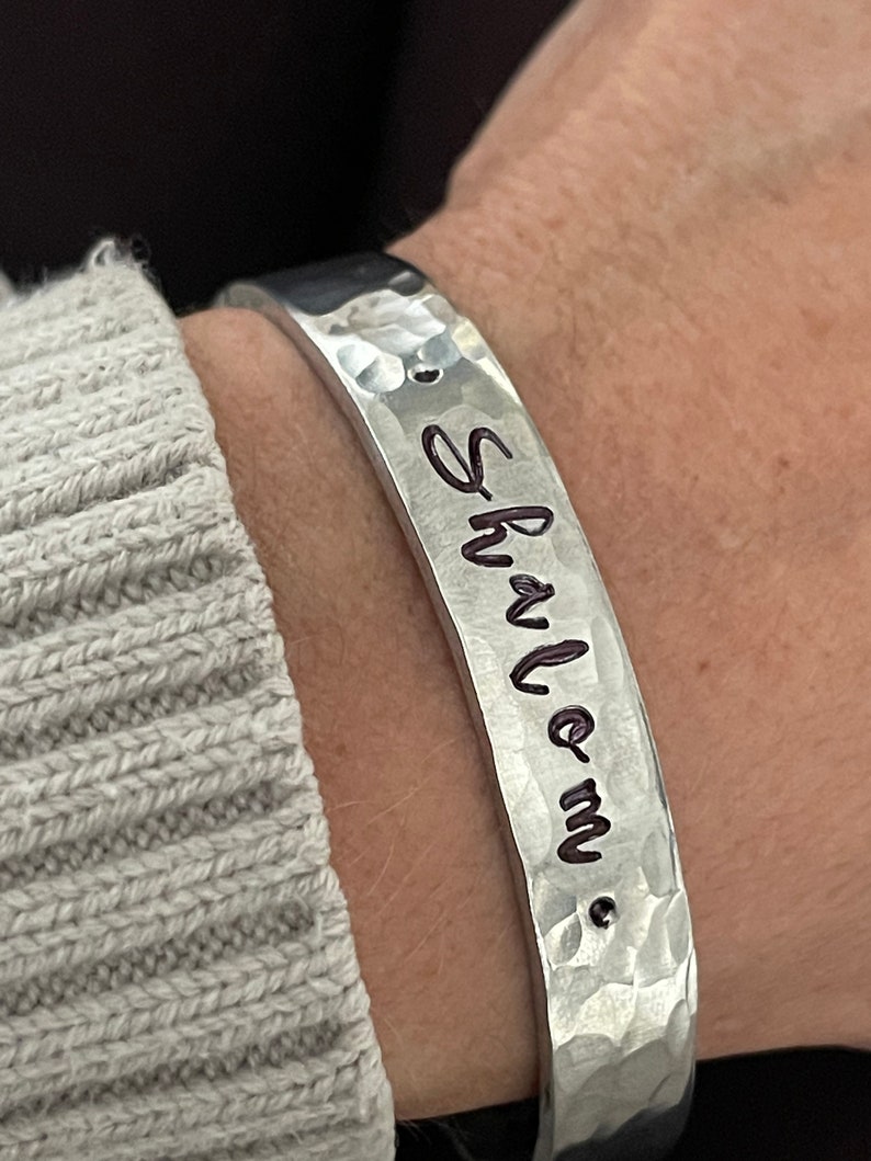 Shalom peace be with you hand stamped silver cuff bracelet faith scripture jewelry image 1