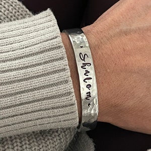 Shalom peace be with you hand stamped silver cuff bracelet faith scripture jewelry image 2