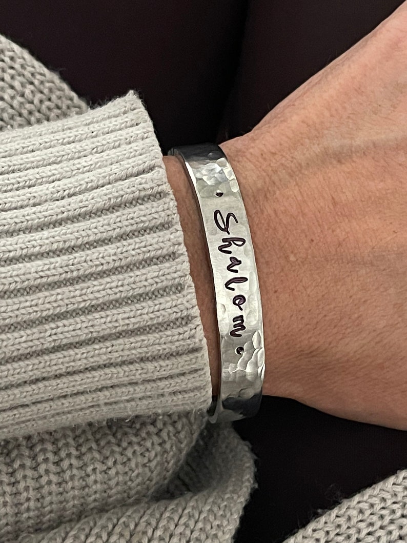 Shalom peace be with you hand stamped silver cuff bracelet faith scripture jewelry image 2