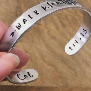 Walk Worthy hand stamped silver cuff bracelet Colossians scripture bracelet Christian jewelry image 4